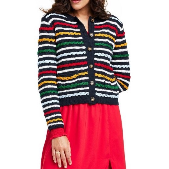 π LA LIGNE x Target Women's Textured Striped Cardigan Sweater Navy Red Yellow - Picture 7 of 17